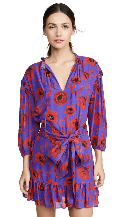 Alice And Olivia Ellamae Drop Shoulder Ruffle Sleeve Dress In Poppy Garden Eggplant