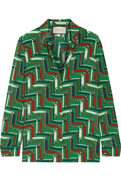 Gucci Chain-print Silk Crepe De Chine Blouse In Green