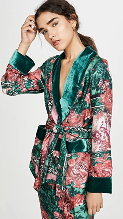 F.r.s For Restless Sleepers Short Robe With Velvet Trim In Pavone Verde/rosa