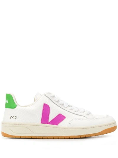 Veja V-12 Leather And Canvas Sneakers In White/ Ultraviolet/ Granny
