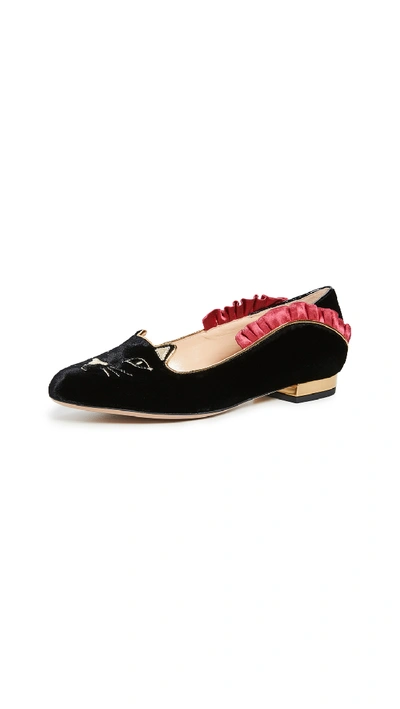 Charlotte Olympia Kitty Ruffled Ballet Flats In Black/pink