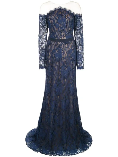 Tadashi Shoji Tulle-panelled Lace Gown In Blue