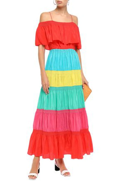 Alice And Olivia 'kia' Colourblock Smocked Tiered Maxi Off-shoulder Dress In Tomato Red
