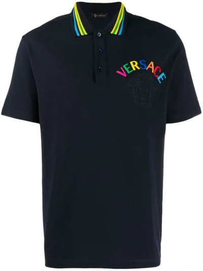 Versace Embroidered Logo Polo T-shirt In Blue