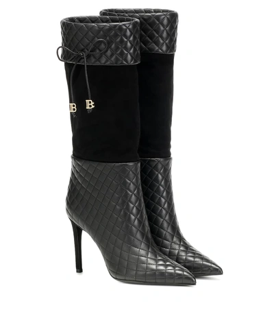 Balmain Pointed Toe Quilted Leather Calf Boot In Black