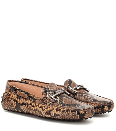 Tod's Double T Snake-effect Leather Loafers In Brown