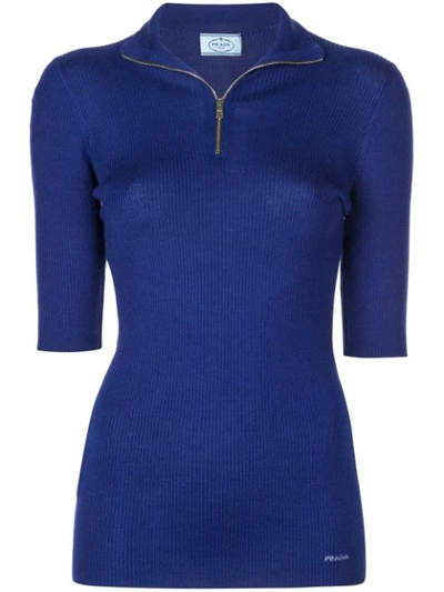 Prada Half-zip Knitted Top In Blue