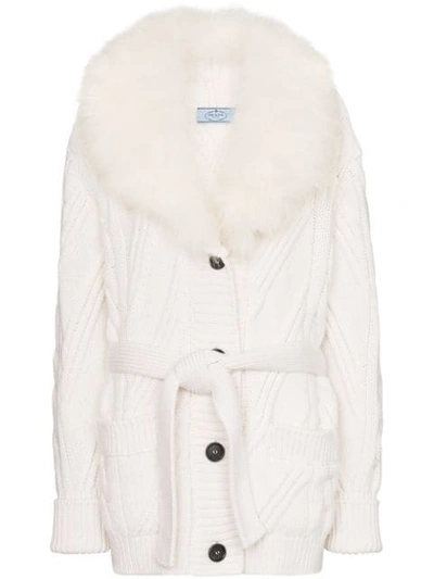 Prada Cashmere Fur-trimmed Cardigan In Naturale