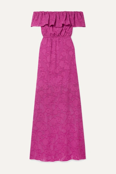 Rachel Zoe Clea Ruffled Off-the-shoulder Fil Coupé Silk And Cotton-blend Chiffon Maxi Dress In Wild Orchid