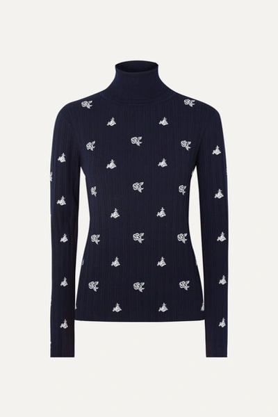 Chloé Embroidered Ribbed Merino Wool Turtleneck Sweater In Evening Blue