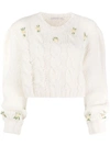 Alessandra Rich Cropped Embroidered Cable-knit Alpaca-blend Sweater In 811 White