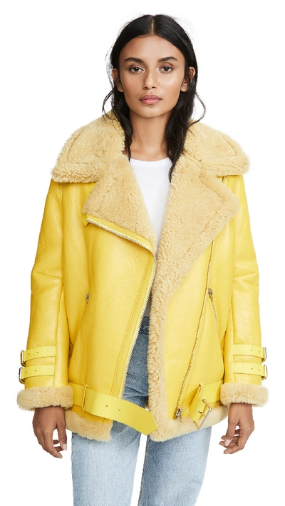 Acne Studios Velocite Shearling-trimmed Leather Biker Jacket In Bright Yellow/blonde