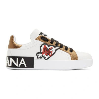 Dolce & Gabbana Dolce And Gabbana White Portofino Heart Sneakers In Bianco/ottone