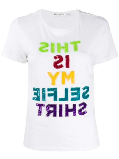 Alice And Olivia Rylyn "this Is My Selfie Shirt" Embellished Crewneck Top In A180 White/multi