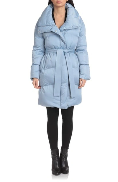 Avec Les Filles Midi Wrap Puffer Coat W/ Belt In Blue Fog