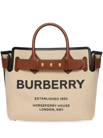 Burberry Horseferry Print Canvas Leather-belted Medium Tote Bag In Beige,brown