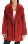 Avec Les Filles Faux Rabbit Fur Pea Coat In Red