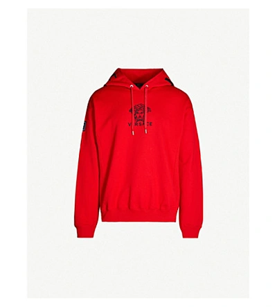 Versace Logo-embroidered Cotton-jersey Hoody In Hot Red