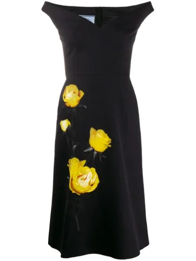 Prada Off-the-shoulder Floral-print Cotton Dress In F0c5z Nero Giallo
