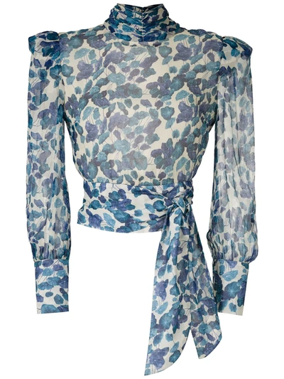 Adriana Degreas Cropped Silk Chiffon Blouse In Blue