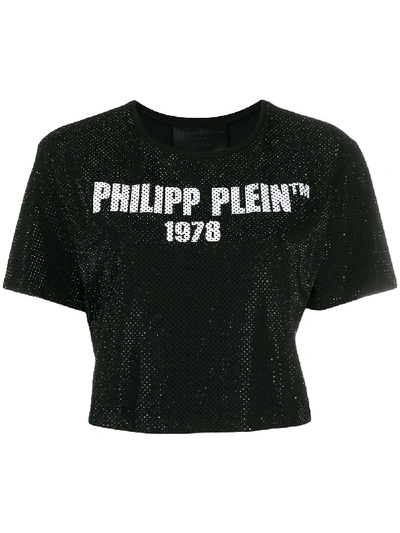 Philipp Plein 23 Crystal Cropped Cotton Jersey T-shirt In Black