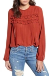 Endless Rose Ruffle & Lace Detail Chiffon Blouse In Brown