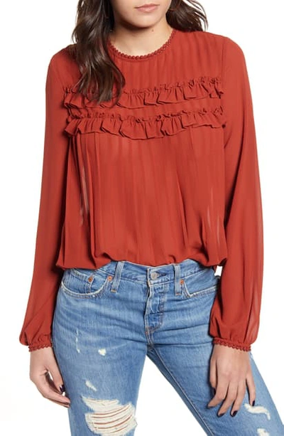 Endless Rose Ruffle & Lace Detail Chiffon Blouse In Brown