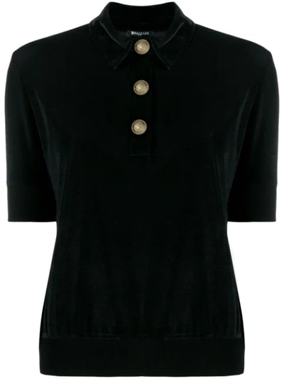 Balmain Velvet Piqué Polo Shirt In Black