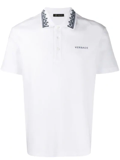 Versace Contrasting Embroidery Polo Shirt In White
