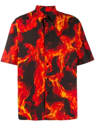 Msgm Flames Short Sleeve Button Down Shirt In Red