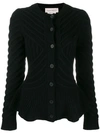 Alexander Mcqueen Waved Flared Wool Blend Knit Cardigan In Black