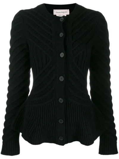 Alexander Mcqueen Waved Flared Wool Blend Knit Cardigan In Black