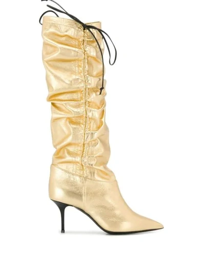 Msgm Ruched Knee High Boots In Gold