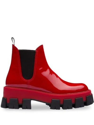 Prada Oversized Ridged Sole Chelsea Boots In Red