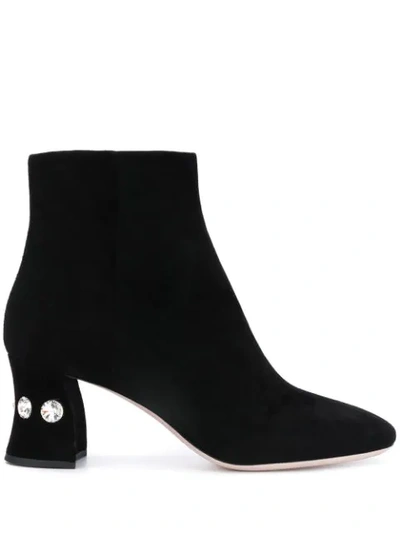 Miu Miu Crystal Embellished Pointed Toe Ankle Boots In Black