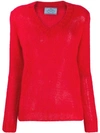 Prada Open Knit V-neck Jumper In Red