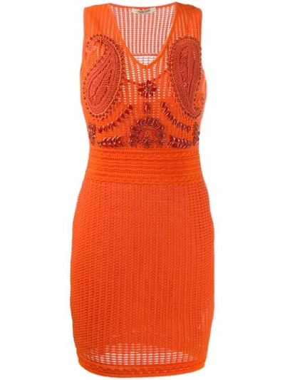 Roberto Cavalli Crochet Embroidered Bodycon Dress In Orange