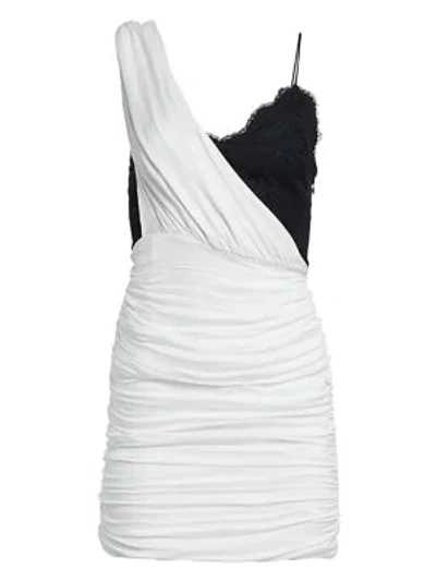 Alice And Olivia Bianca Ruched One-shoulder Stretch Silk Mini Dress In White Black