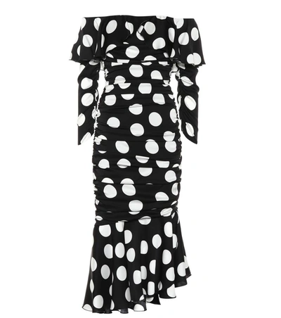 Dolce & Gabbana Ruched Polka-dot Stretch-silk Satin Midi Dress In Black