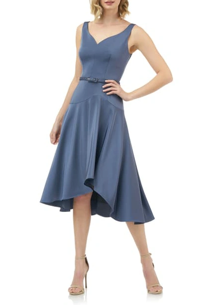 Kay Unger Sleeveless Belted Stretch Faille High-low Midi Dress In Smoke Blue