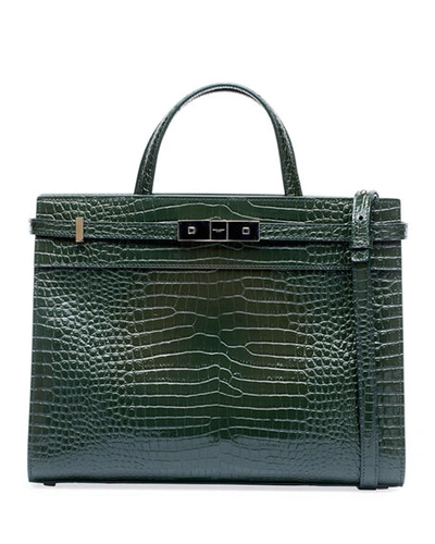 Saint Laurent Manhattan Small Crocodile-embossed Tote Bag In Green