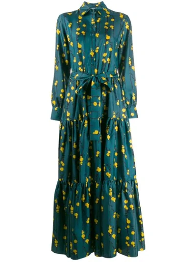 La Doublej Bellini Floral-print Silk-twill Tiered Shirt Dress In Blue
