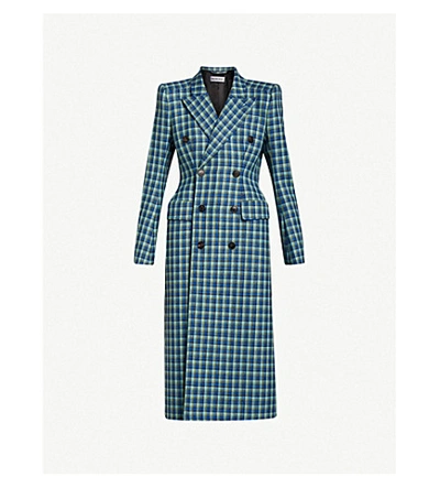 Balenciaga Hourglass Double-breasted Checked Wool Coat In Blue