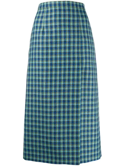 Balenciaga Side-slit Checked Wool Midi Skirt In Blue
