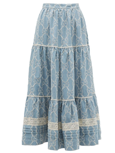Gucci Tiered Gg Broderie-anglaise Cotton Skirt In Grey