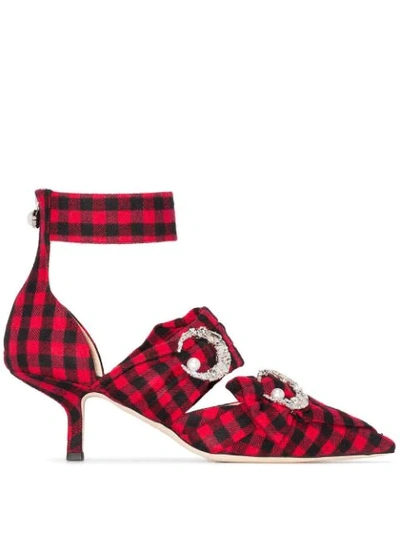 Midnight 00 Crystal-embellished Checked Twill Pumps In Red