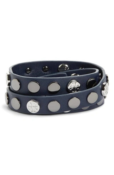 Tory Burch Logo Studded Triple Wrap Bracelet In Navy/ Hematite/ Tory Silver