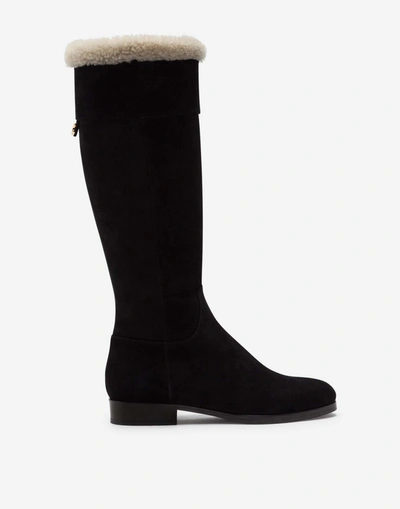 Dolce & Gabbana Split-grain Leather Boots With Shearling In Black
