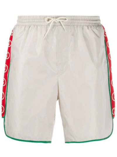 Gucci Nylon Swim Shorts With Logo Stripe In 9135 White
