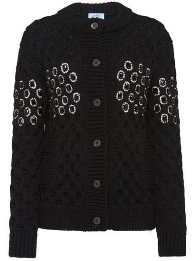 Prada Embellished Panel Knit Cardigan In Black